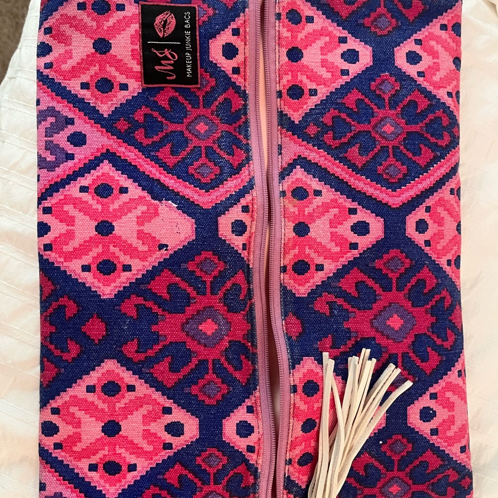 Makeup Junkie Bag- Size Medium-Pink and Blue Ikat